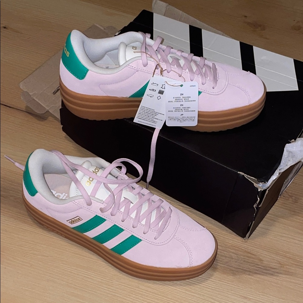 adidas Pink Sneakers with Green Stripes and Gum Platform